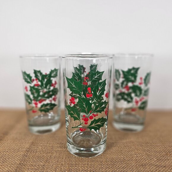 Vintage Set of 4 Indiana Glass Christmas Holly Berry 12 Oz. Tumbler Tea Glasses - Picture 2 of 7